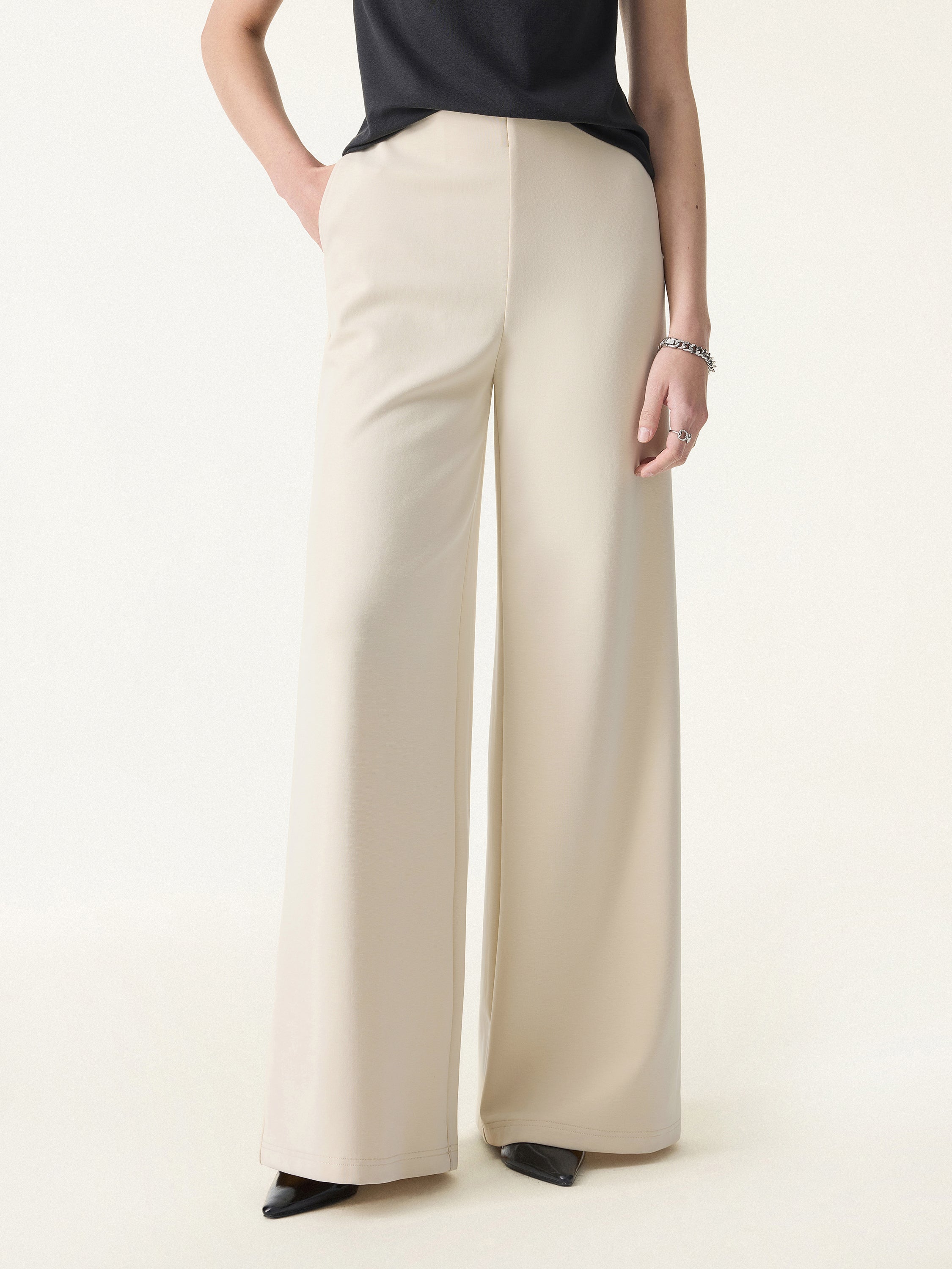 Stretch Cotton Blend Mid Rise Wide Leg Pants with Pockets