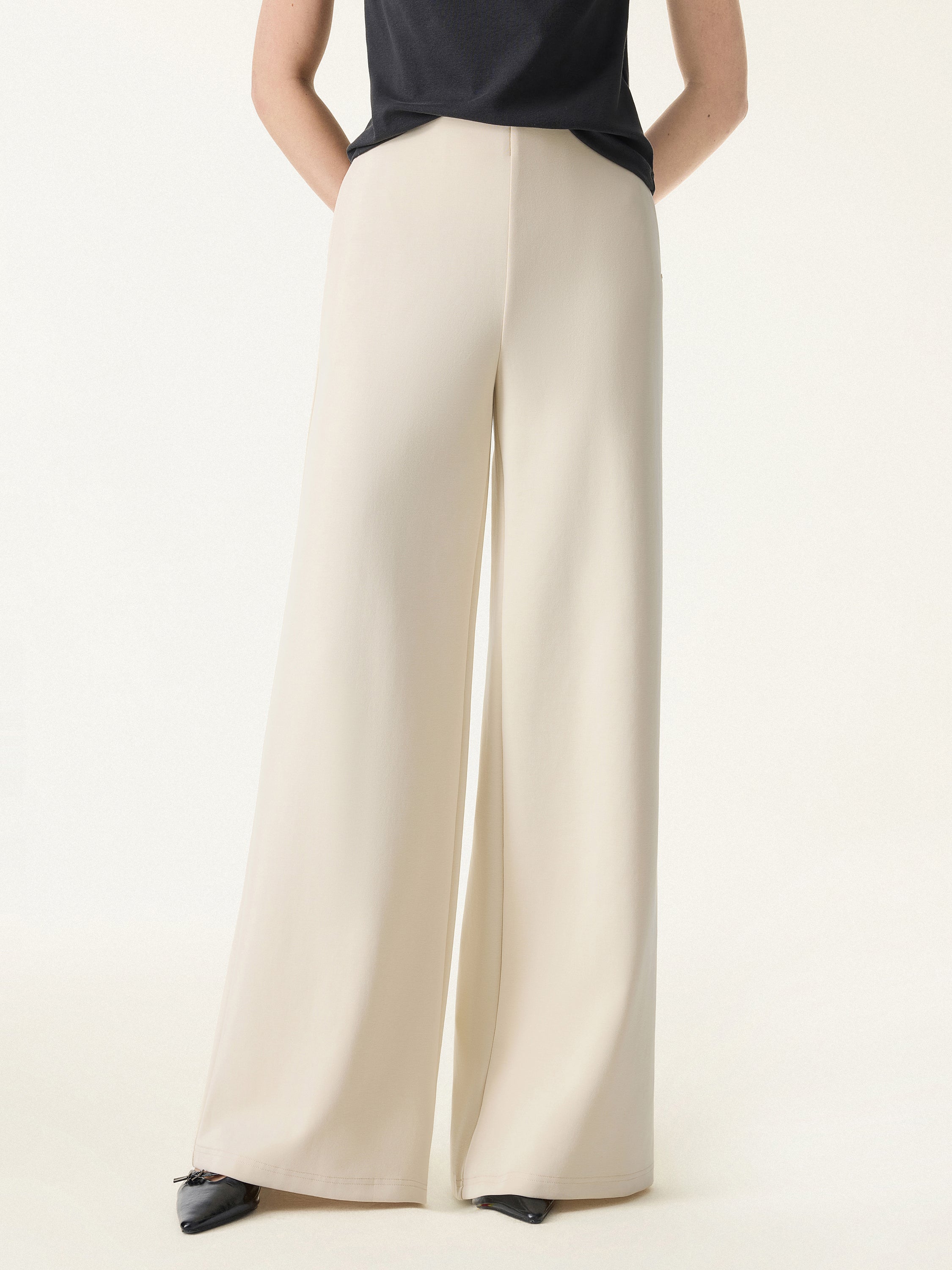 Stretch Cotton Blend Mid Rise Wide Leg Pants with Pockets