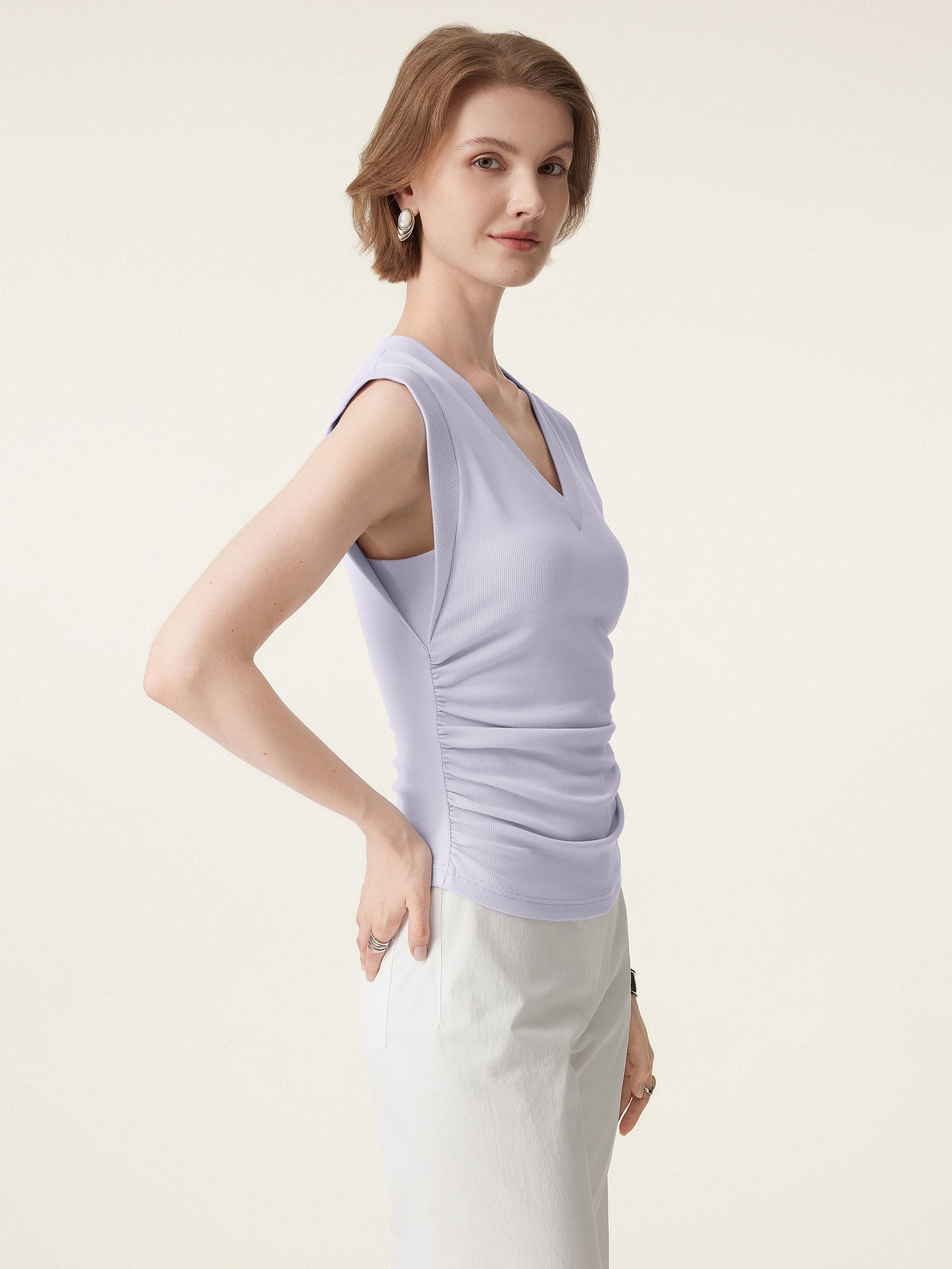 Stretch Cotton V-neck Side Ruched Muscle Brami Top