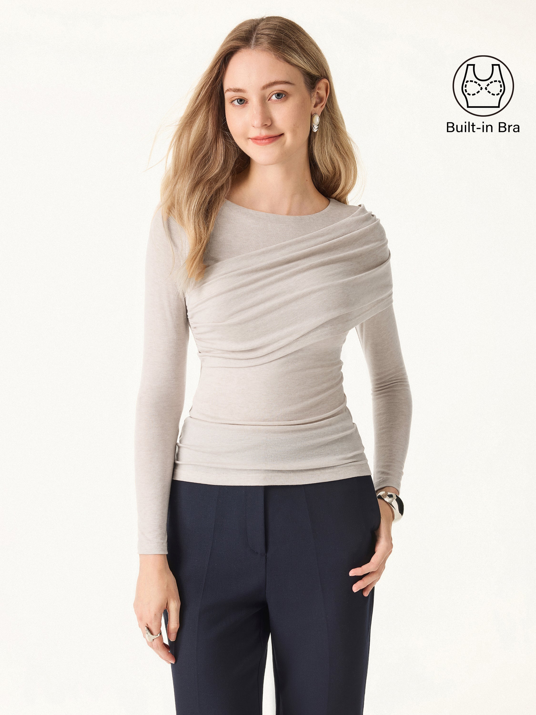 Tencel-Wool Gathered Semi Sheer Long Sleeve Brami Top