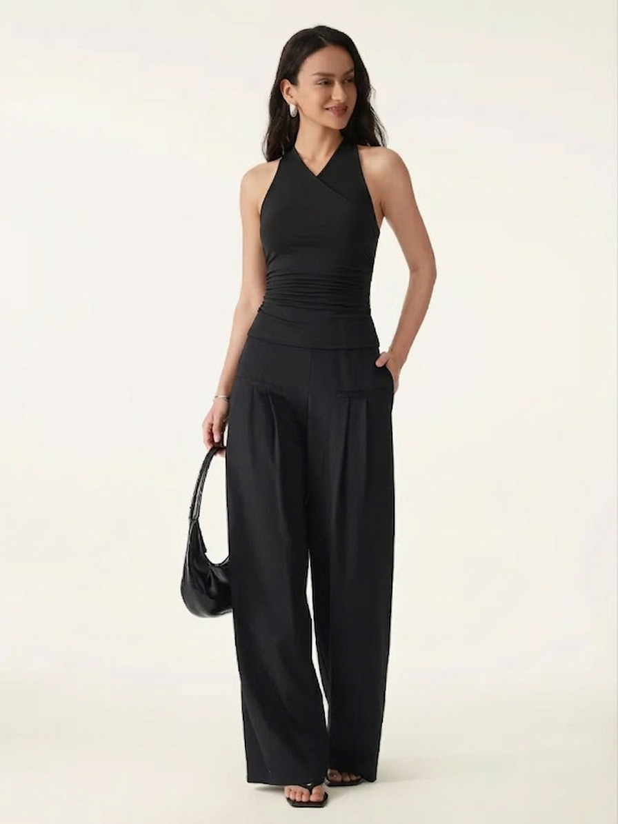 2Pcs Set Surplice Sleeveless Top & Mid Rise Wide Leg Trouser