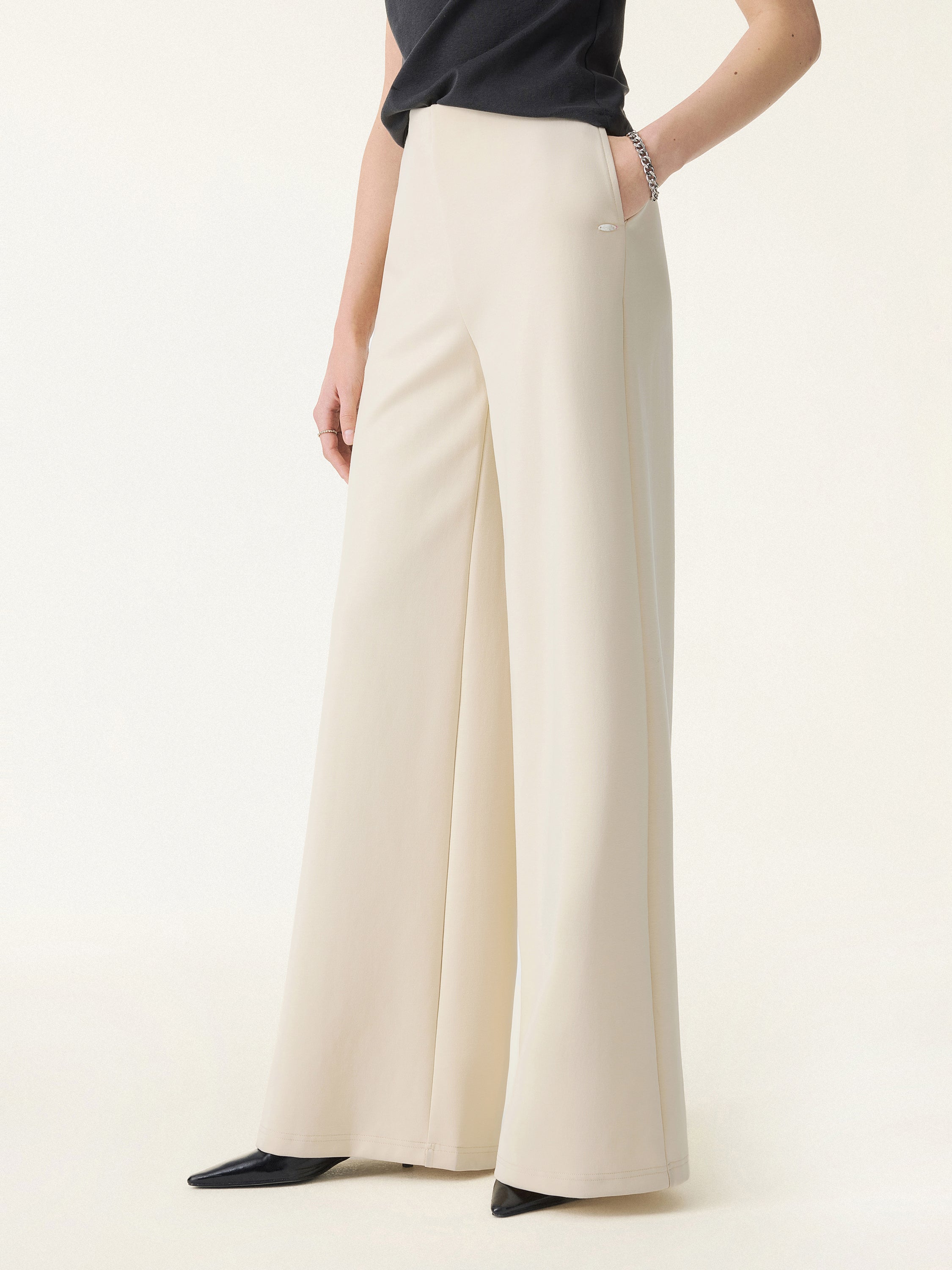 Stretch Cotton Blend Mid Rise Wide Leg Pants with Pockets