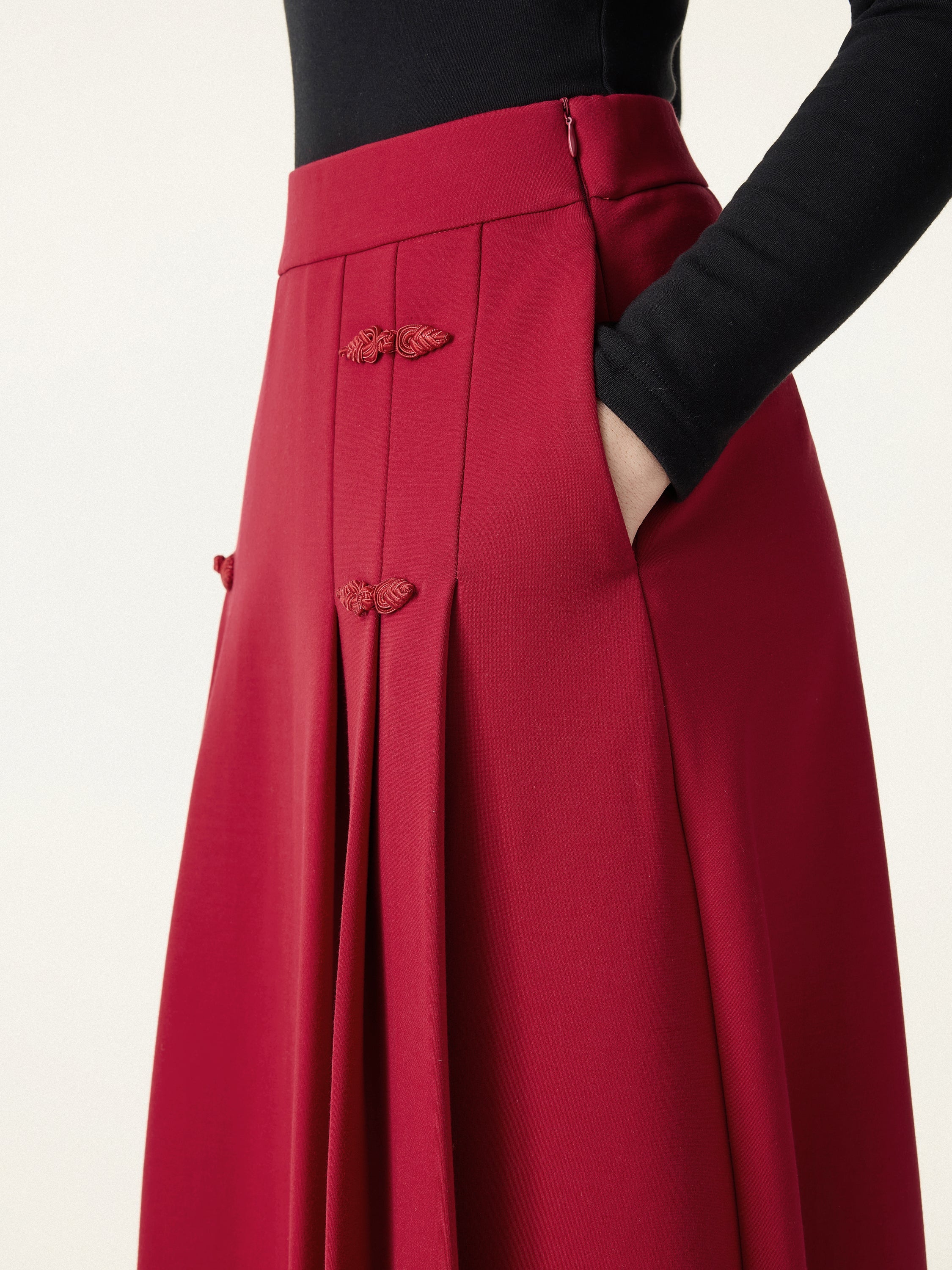Pleated Frog Button Decor Midi A-line Skirt Limited Edition