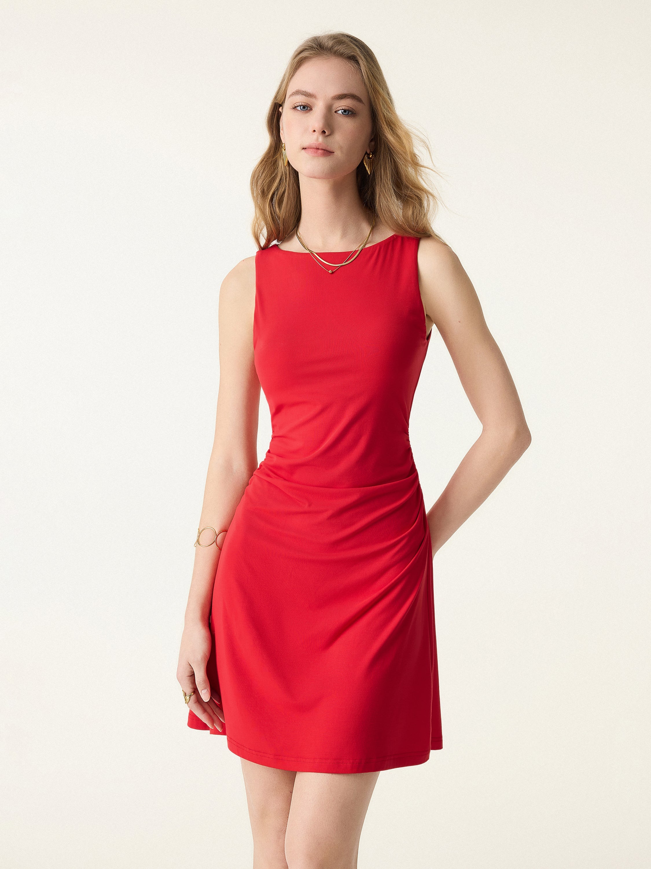 SkinKiss Boatneck Ruched A-line Mini Brami Dress
