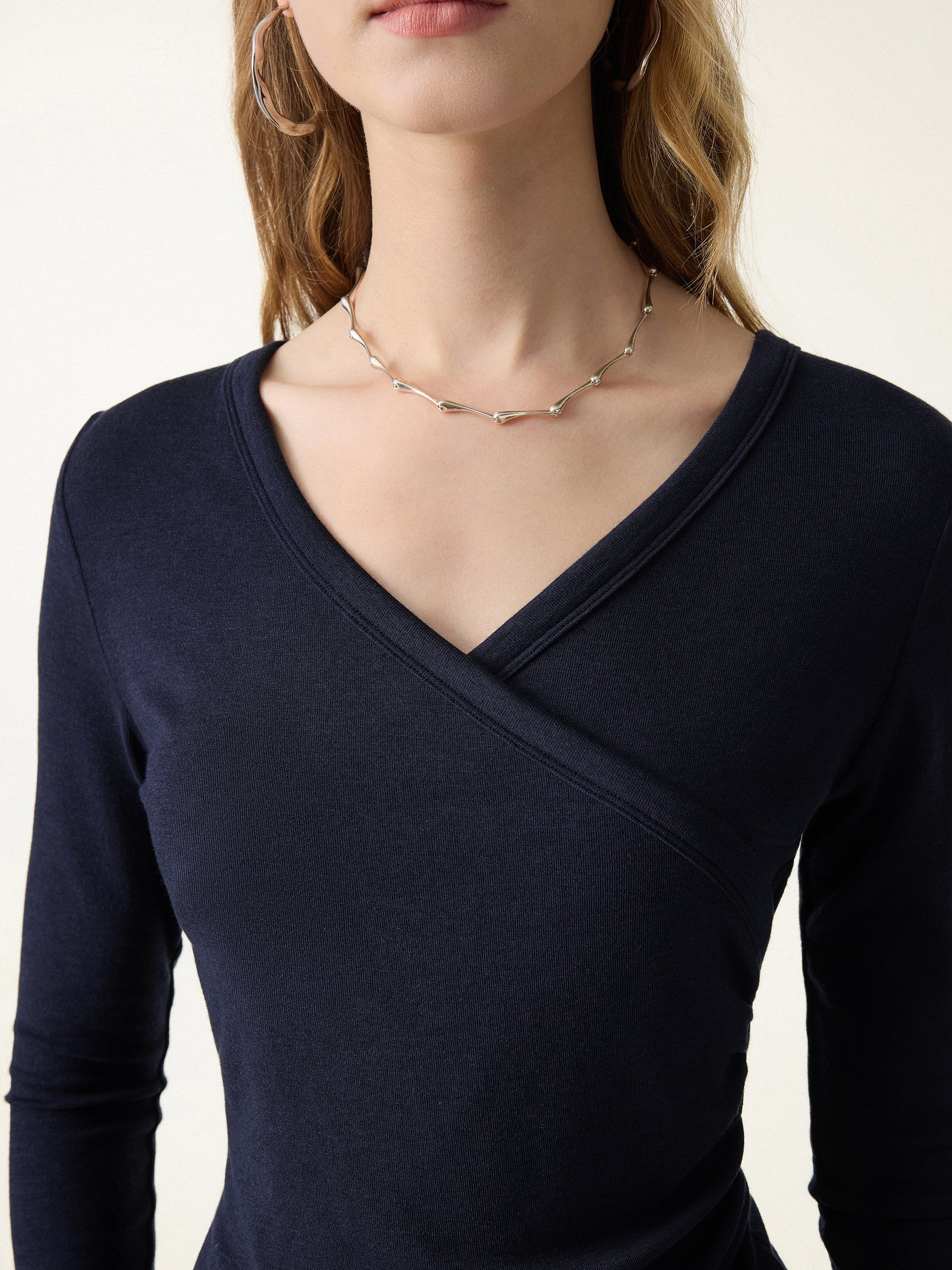 Lyocell Wool Surplice Ruched Long Sleeve Top