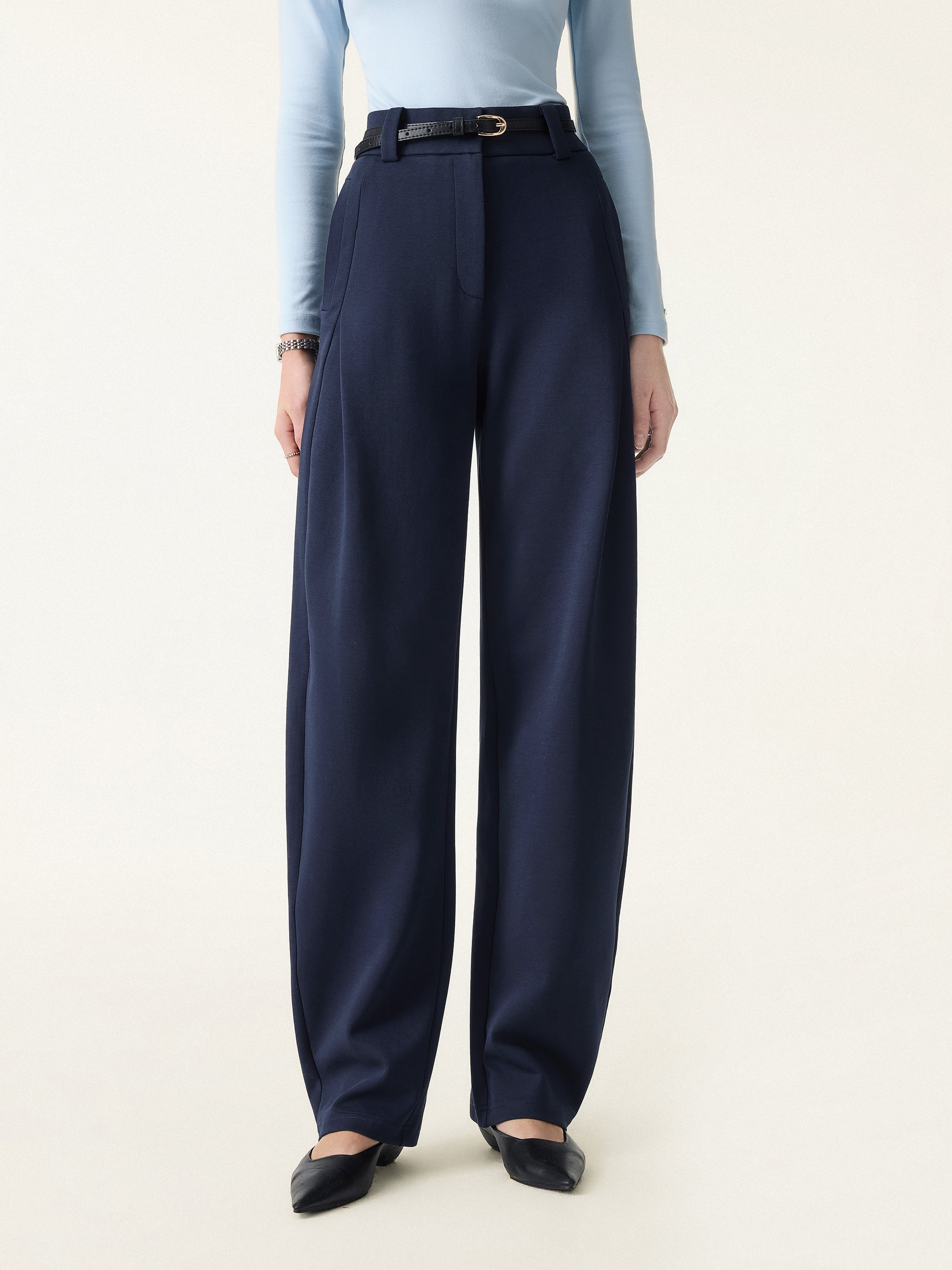 Spring Stretch Cotton High Rise Barrel Leg Pants with Pockets