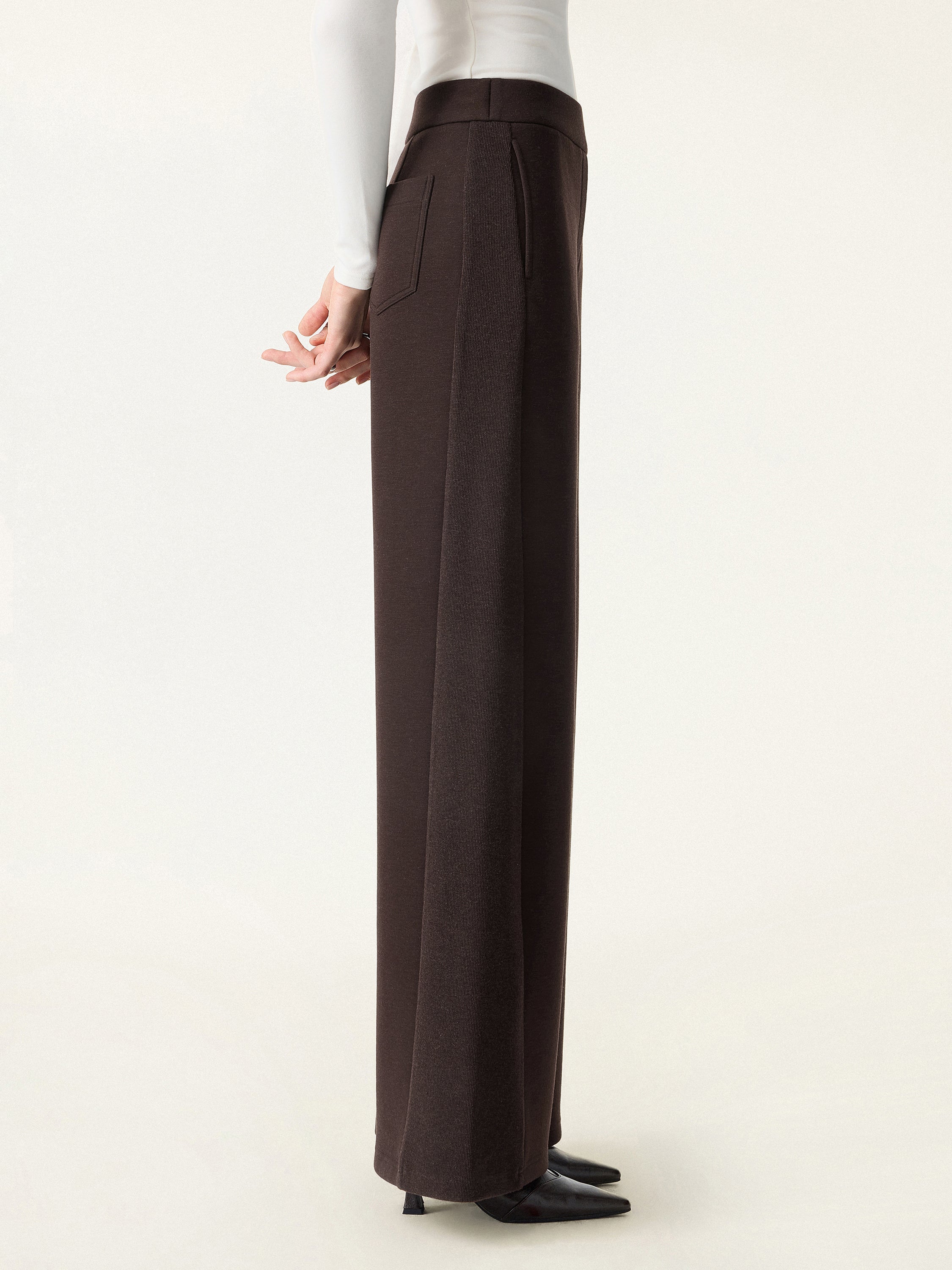 Ribbed Panel Mid Rise Wide Leg Pants with Pockets