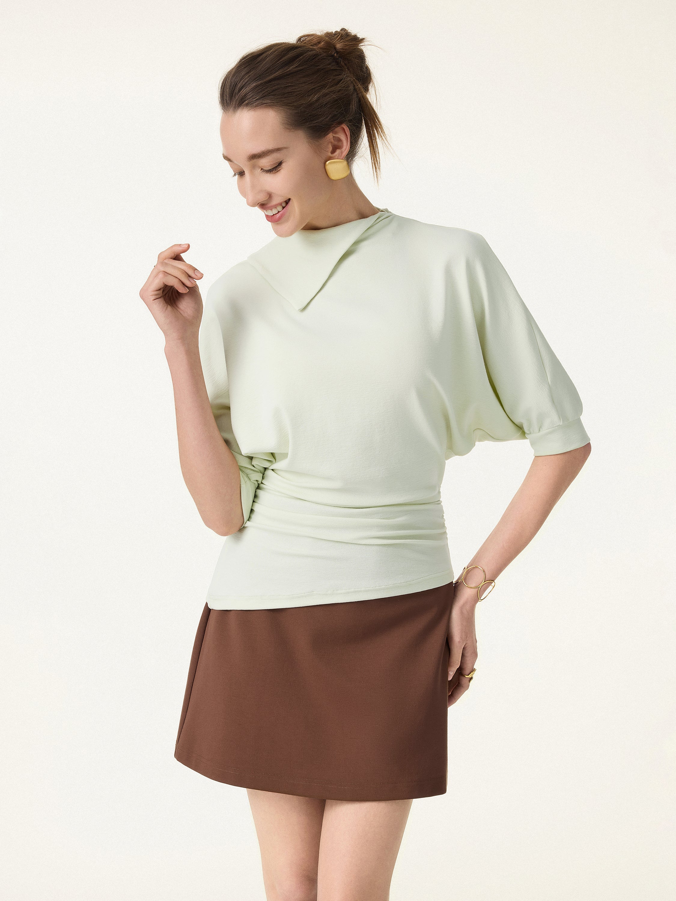 Cotton Lyocell Elbow Sleeve Ruched Tee
