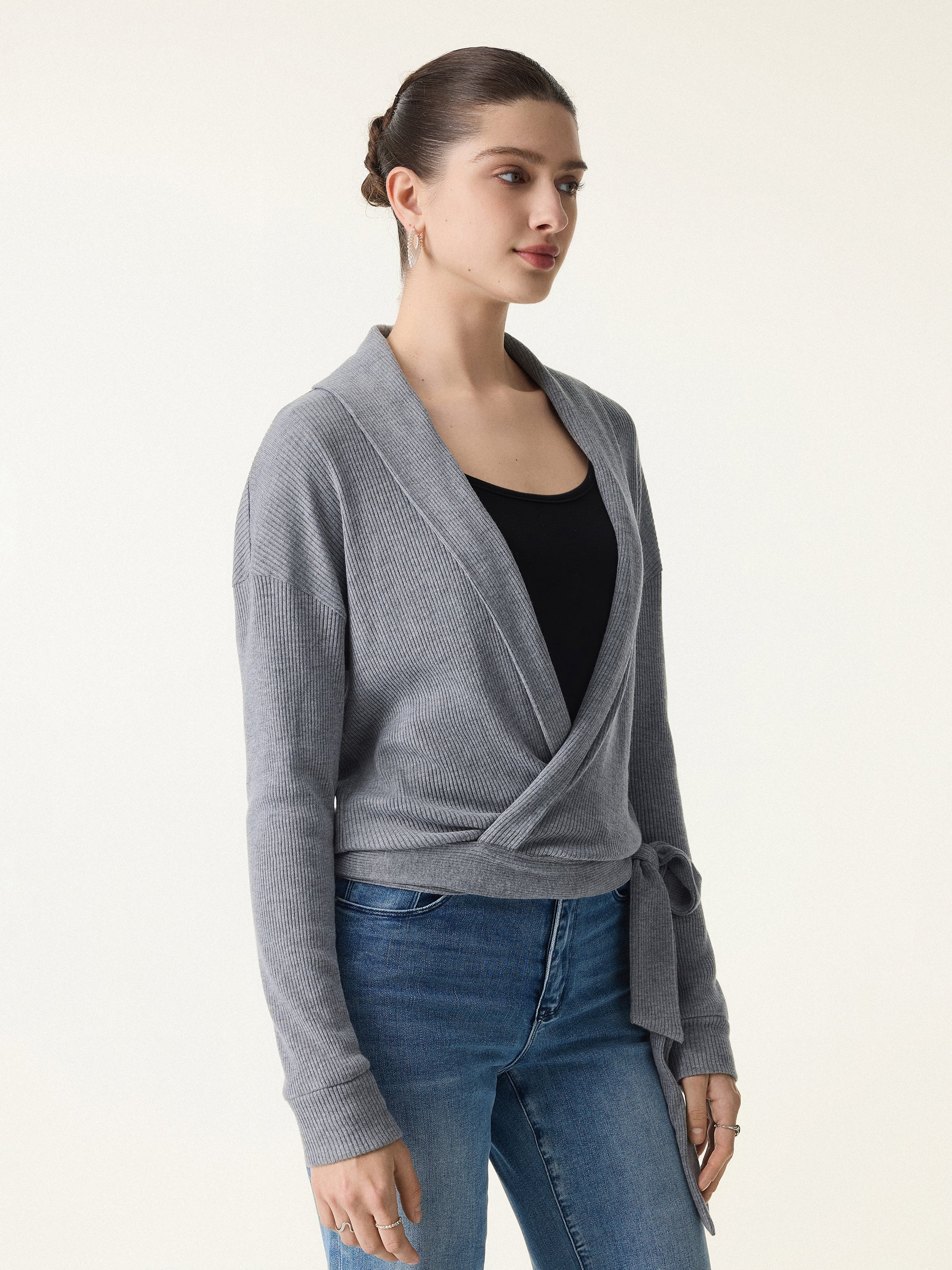 Ribbed Shawl Collar Self-Tie Cardigan