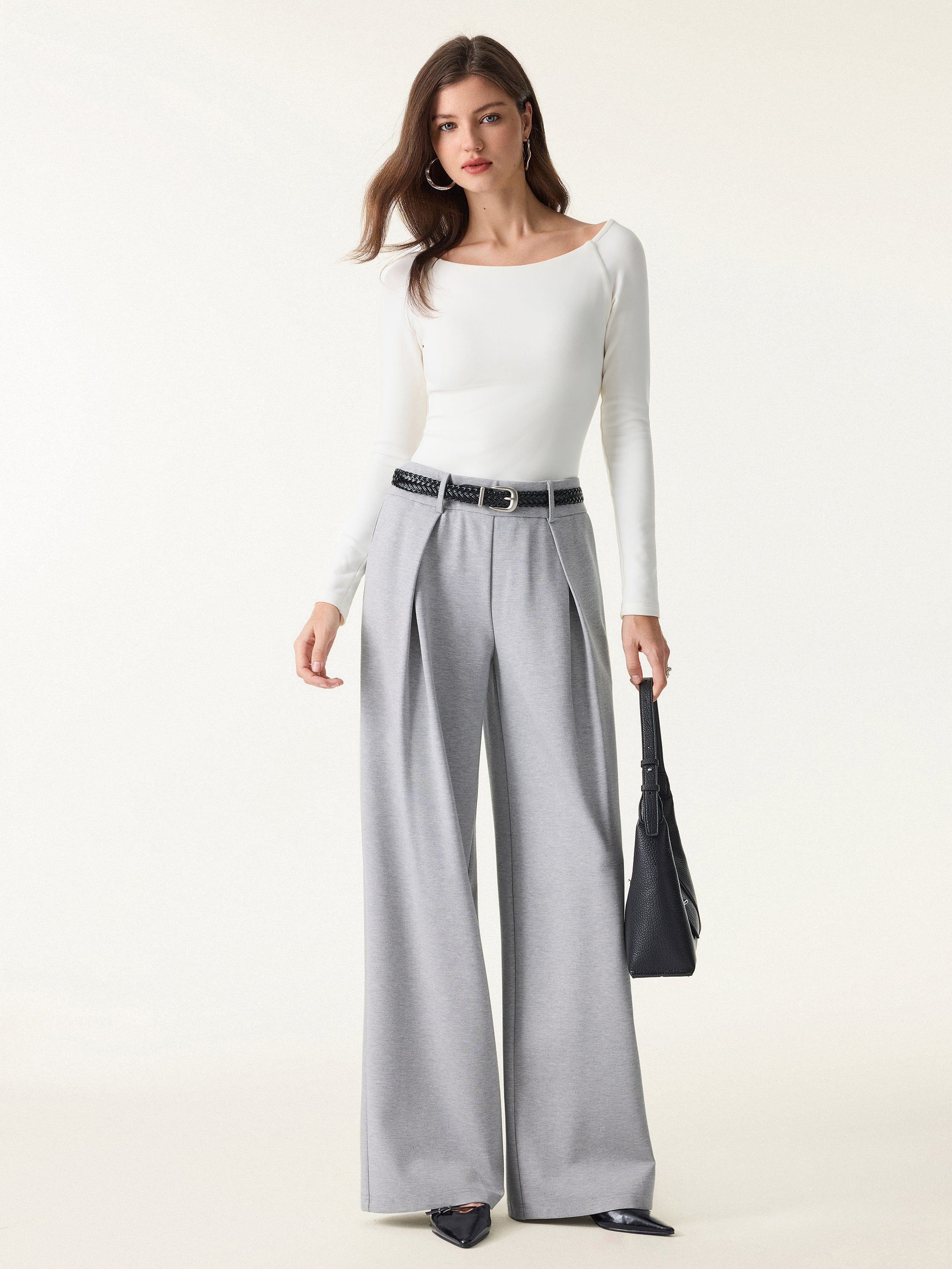 Wrinkle-Resistant Stretchy High Rise Wide Leg Pants with Pockets