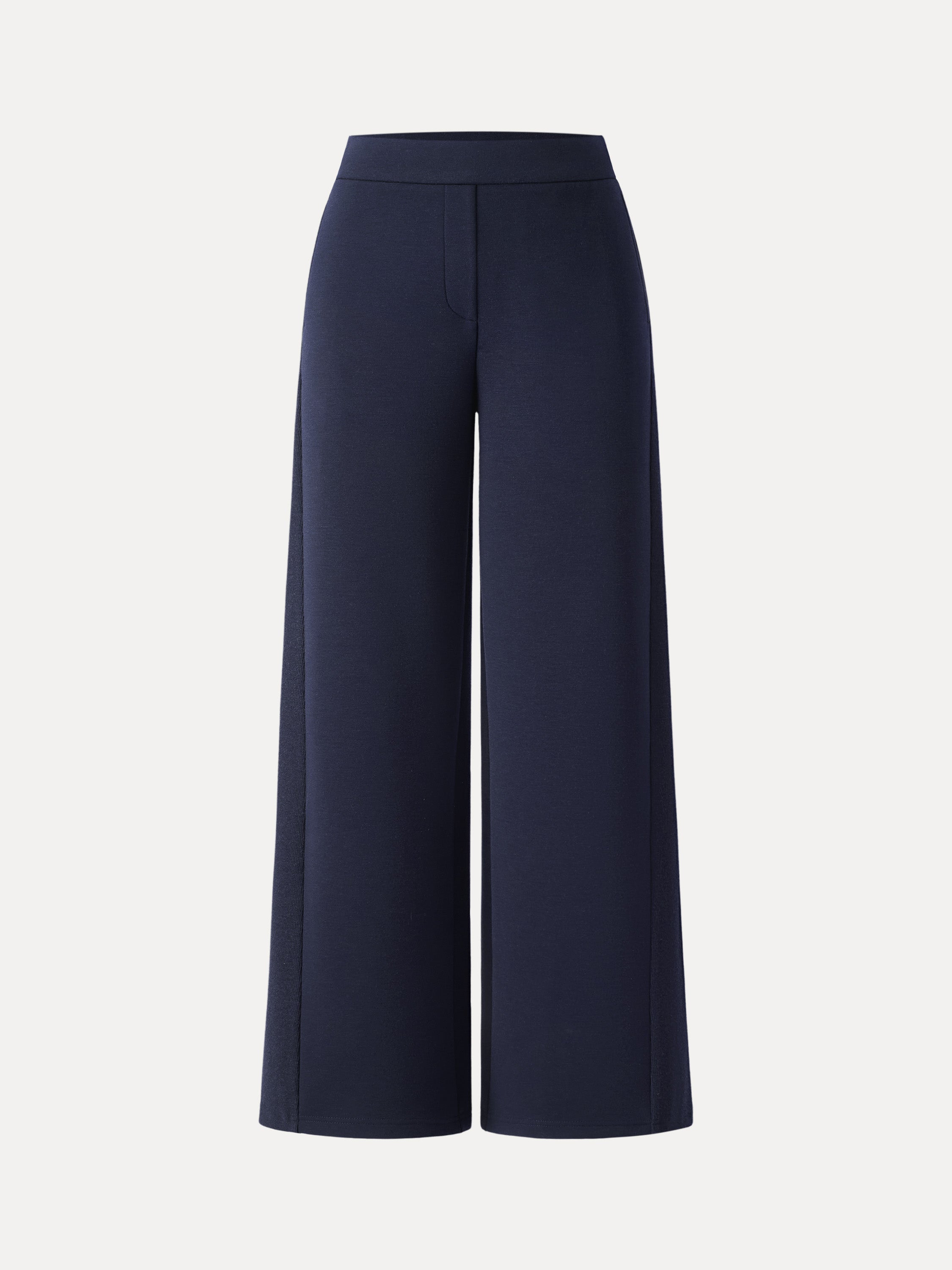 Ribbed Panel Mid Rise Wide Leg Pants with Pockets