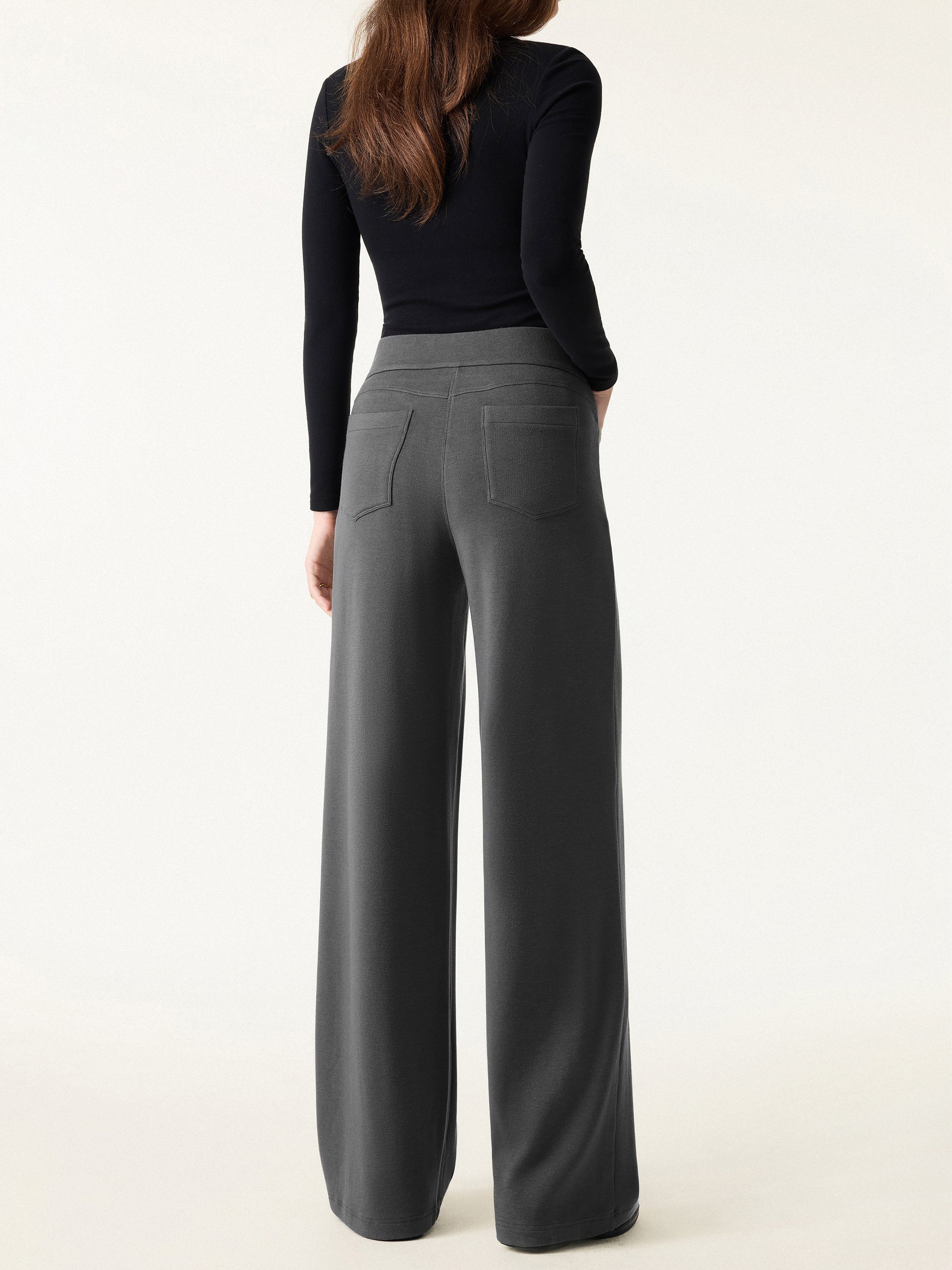 Mid Rise Wide Waistband Wide Leg Pull-on Pants with Pockets