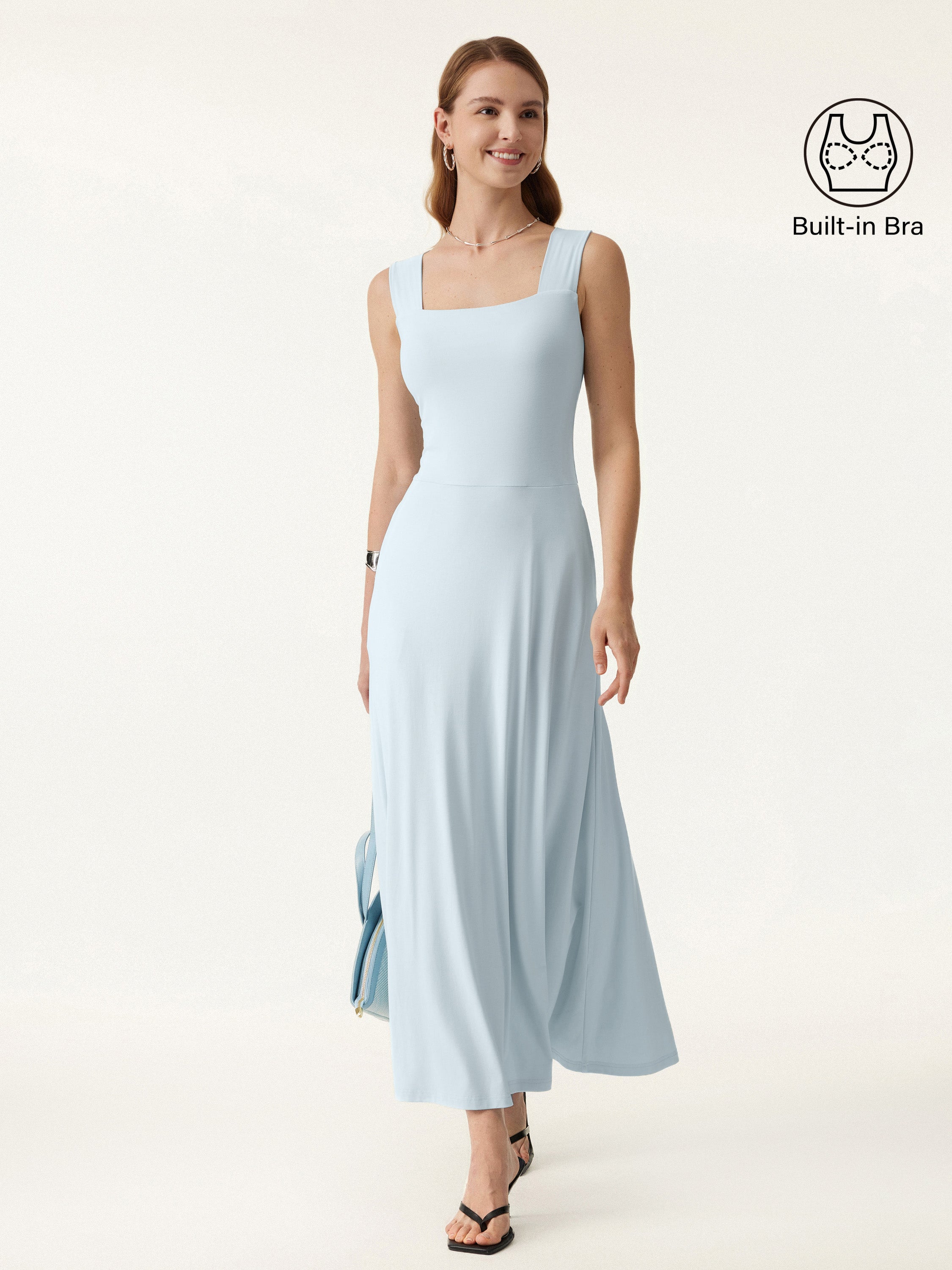 Flowy Square Neck Wide Straps Midi Brami Dress with Pockets