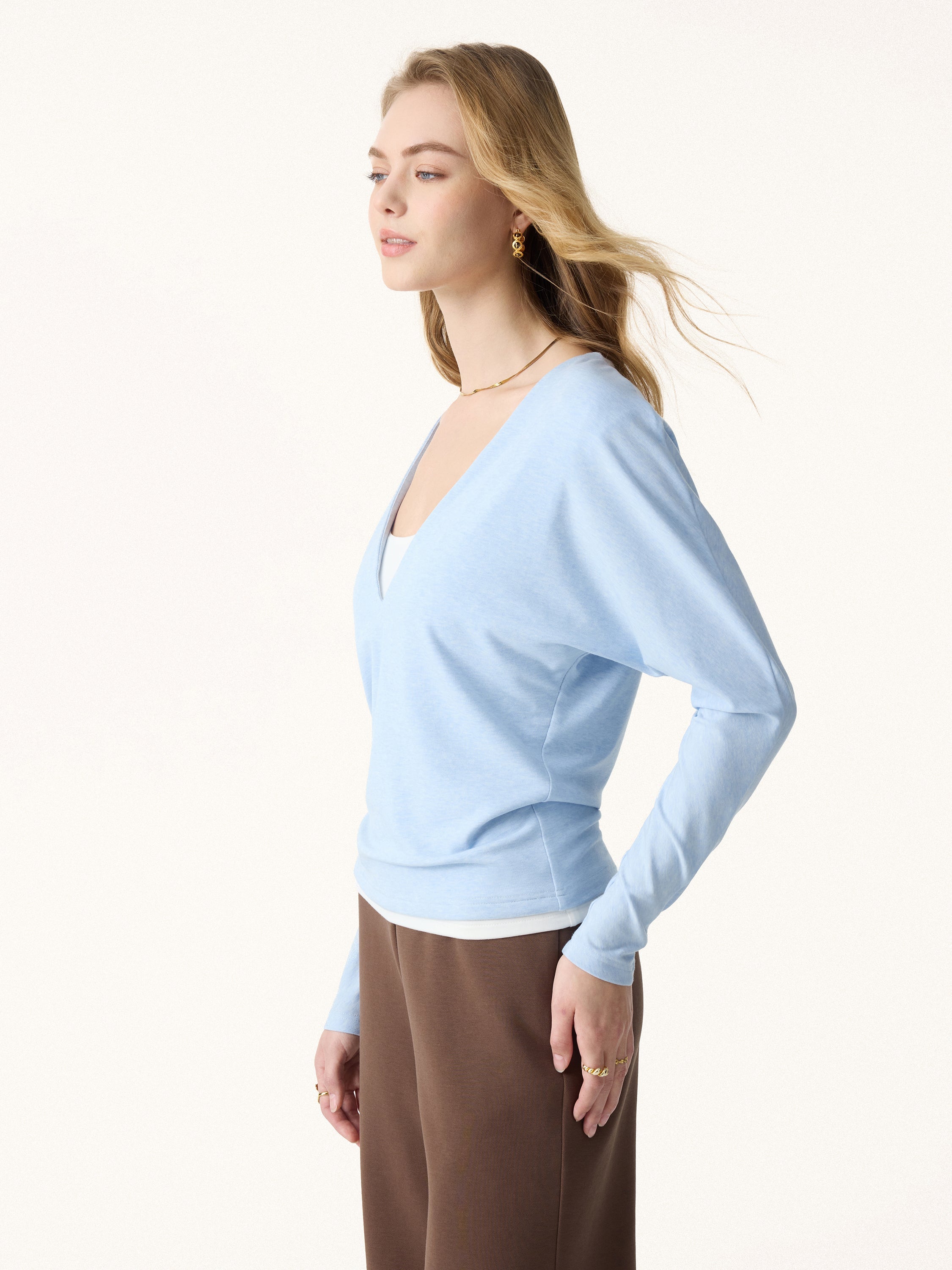 Non-Itch Lyocell Wool Relaxed V-Neck Batwing Sleeve Top
