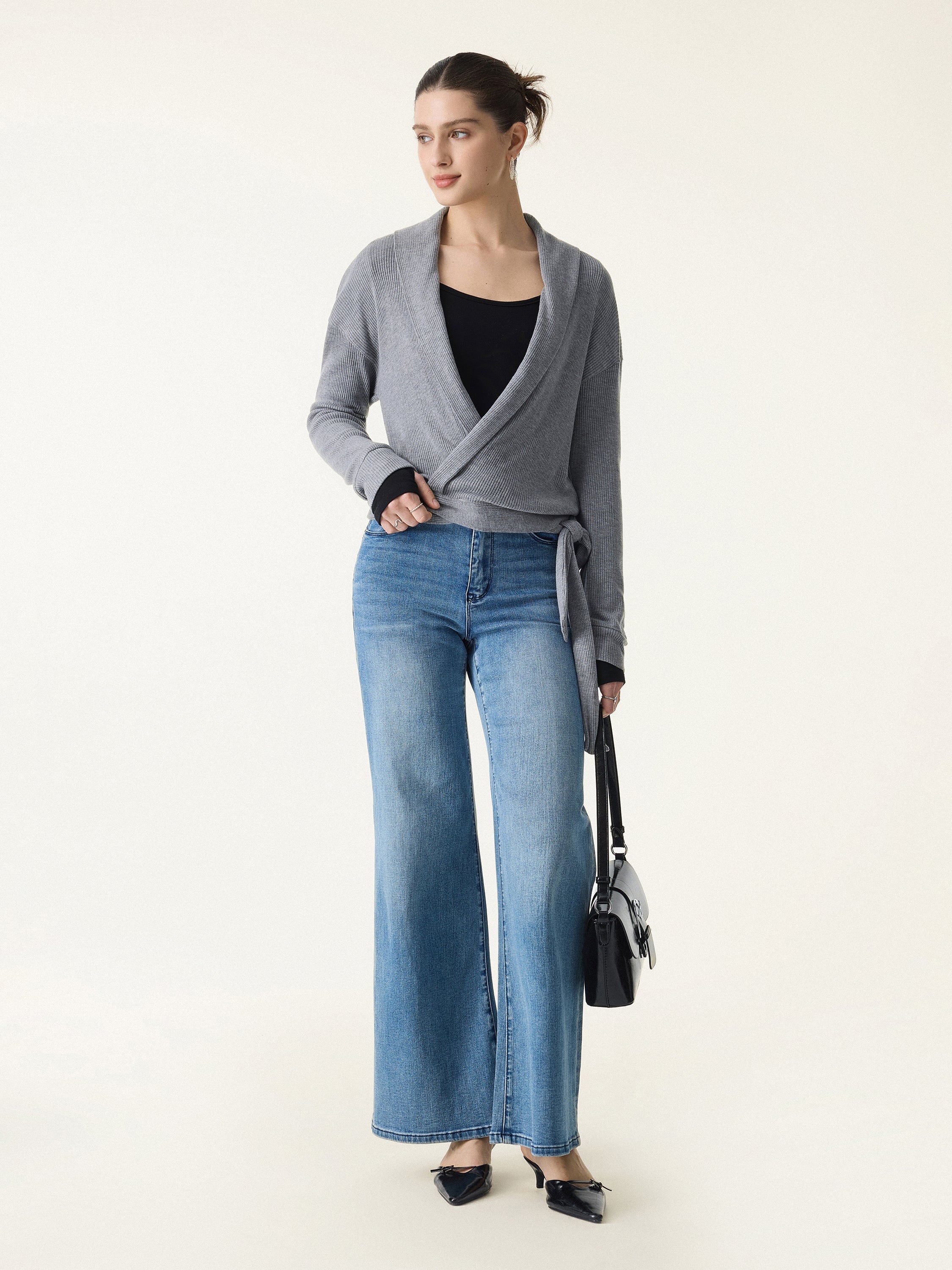 Ribbed Shawl Collar Self-Tie Cardigan
