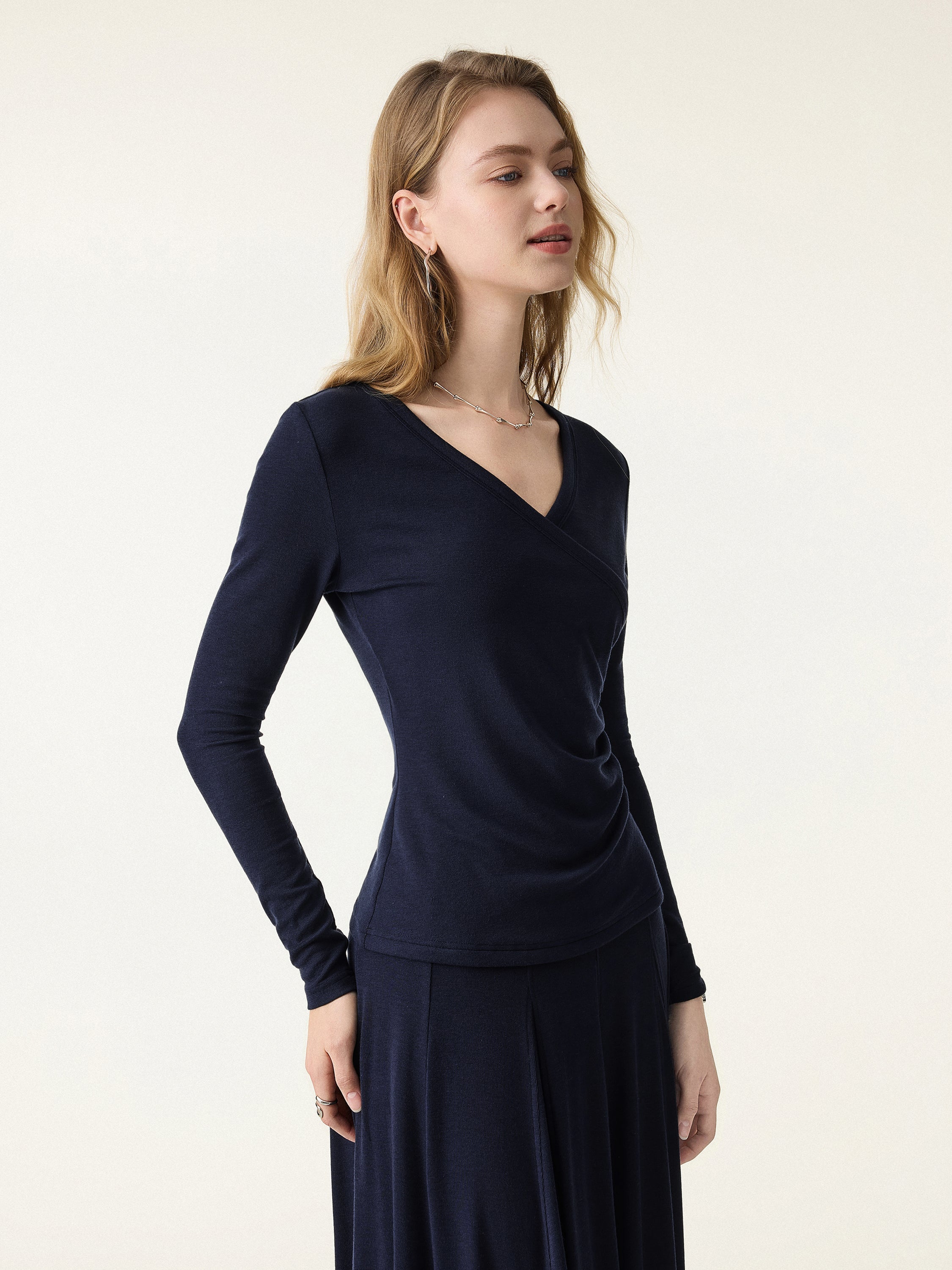 Lyocell Wool Surplice Ruched Long Sleeve Top