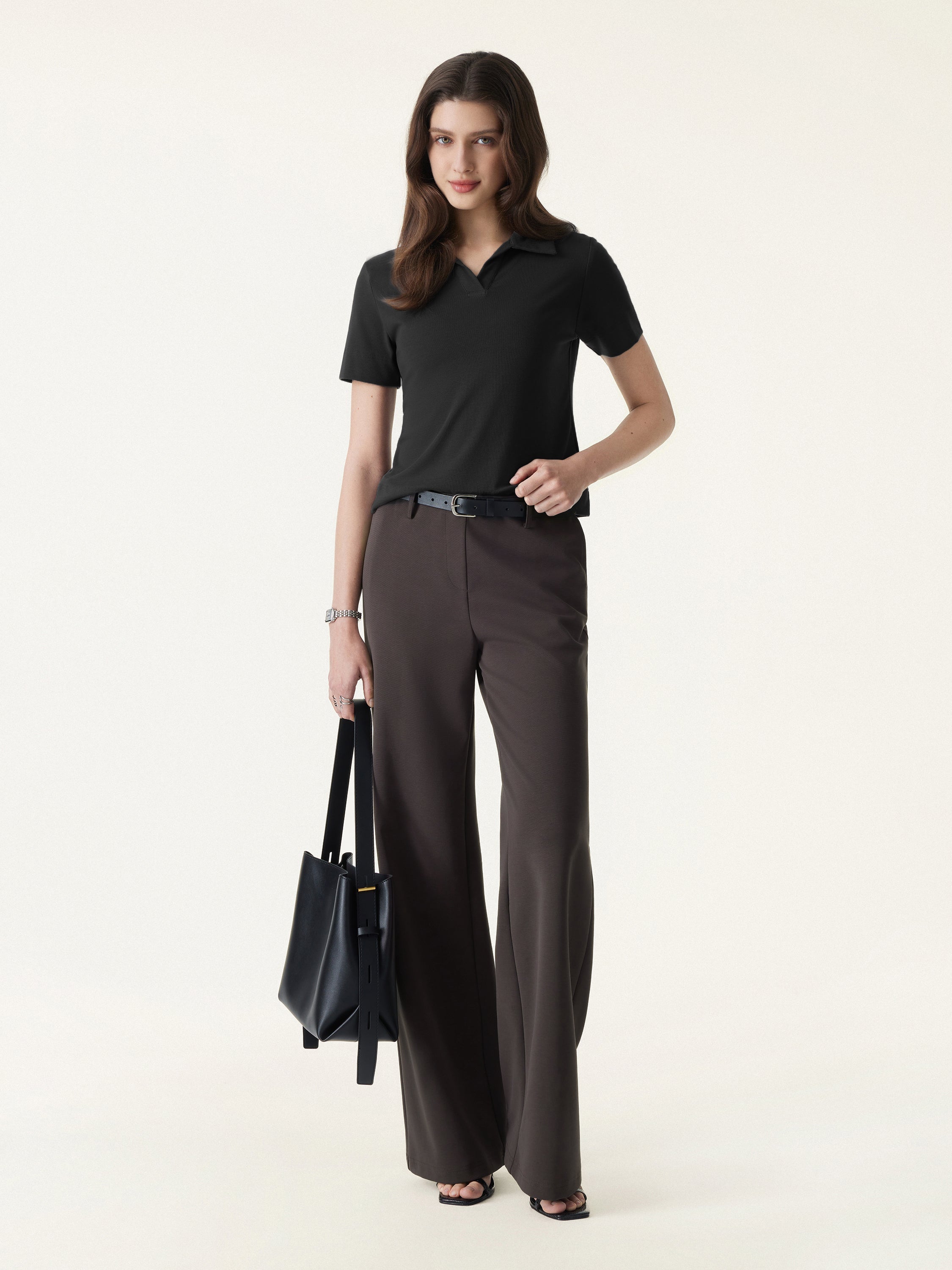 Stretch Cotton Mid Rise Flared Wide Leg Pull-on Pants with Pockets