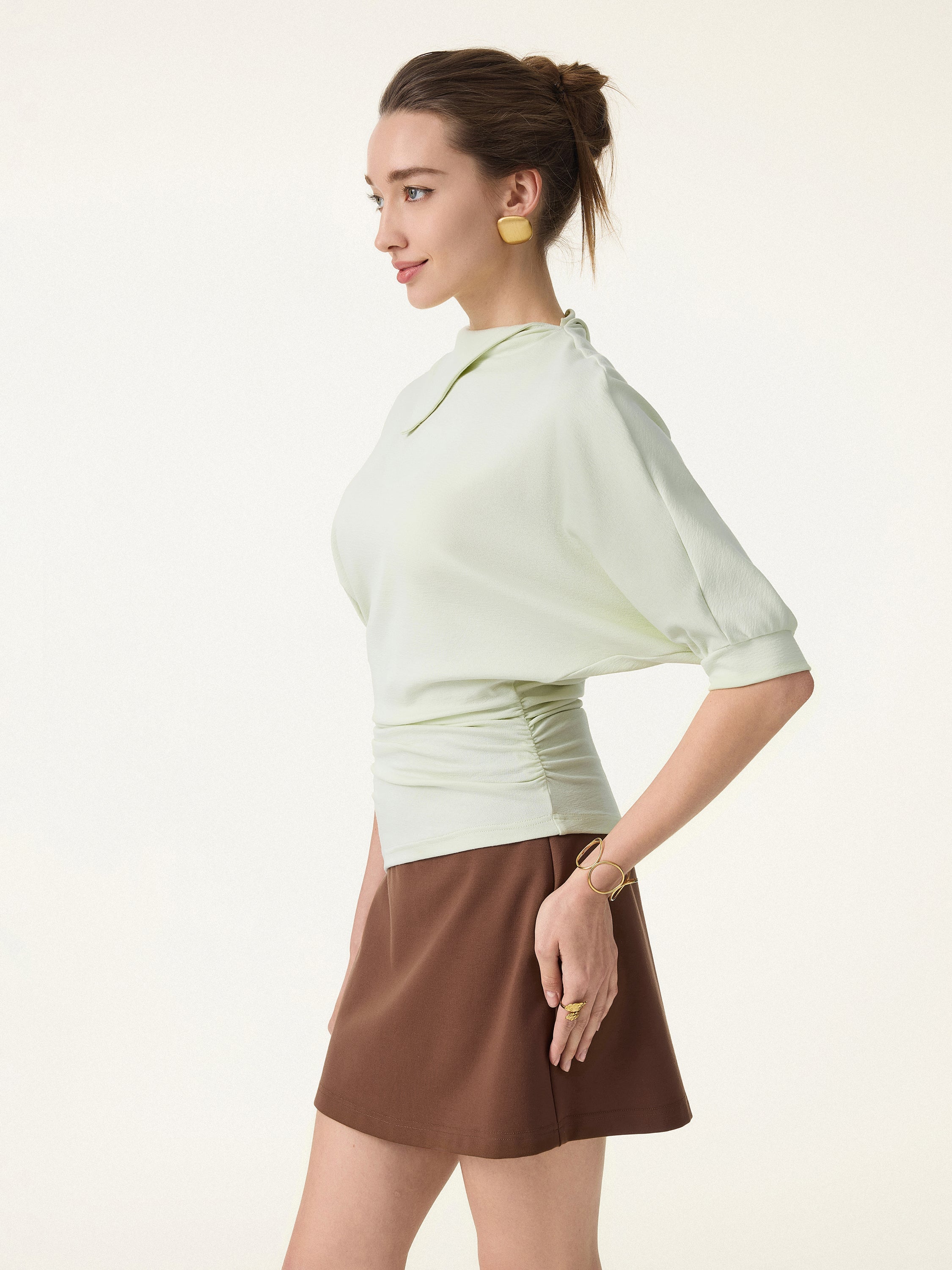 Cotton Lyocell Elbow Sleeve Ruched Tee