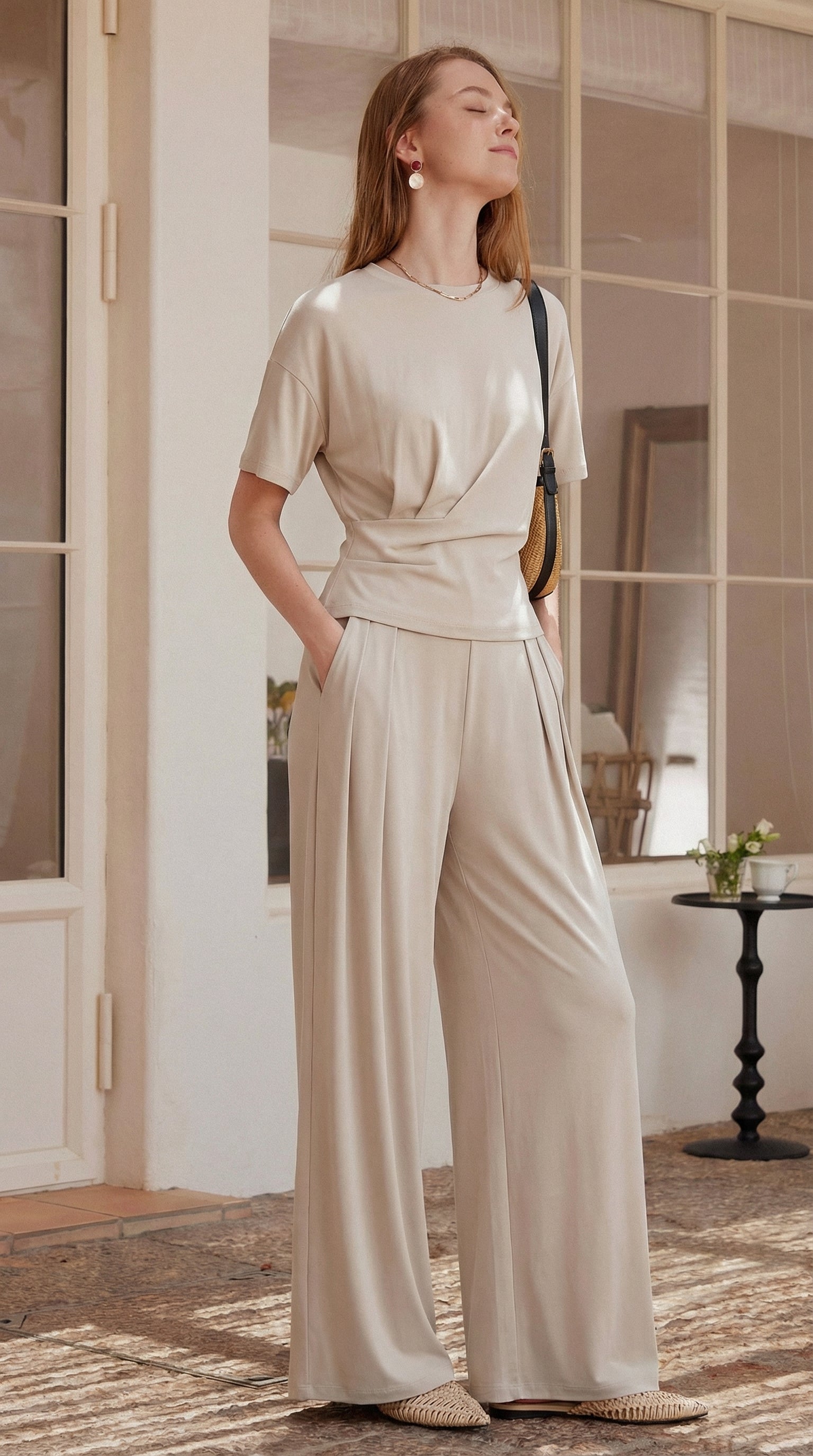 2Pcs Set Crewneck Short Sleeve Tee & Mid Rise Pleated Wide Leg Pants with Pockets