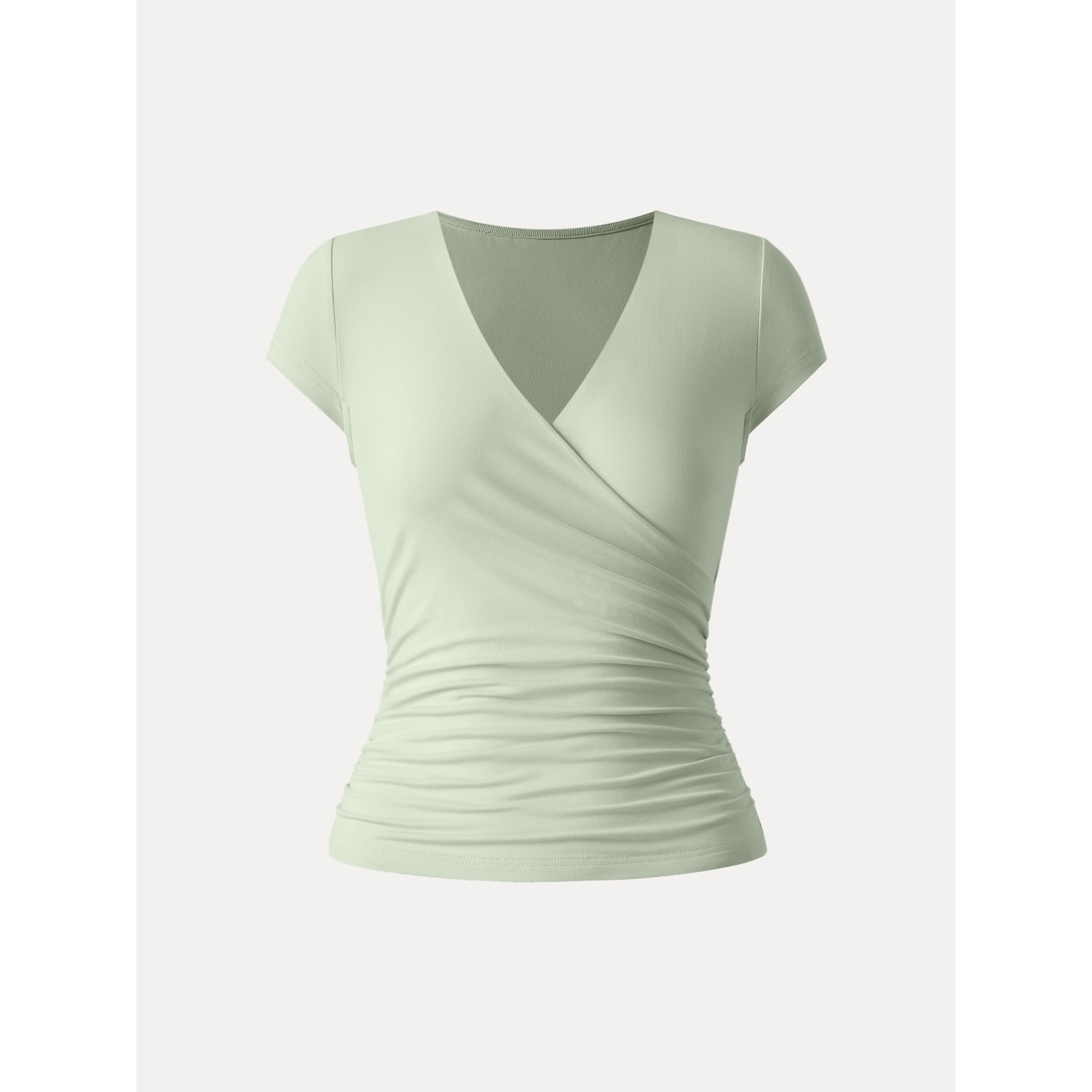 Surplice Cap Sleeve Side Ruched Fitted Tee