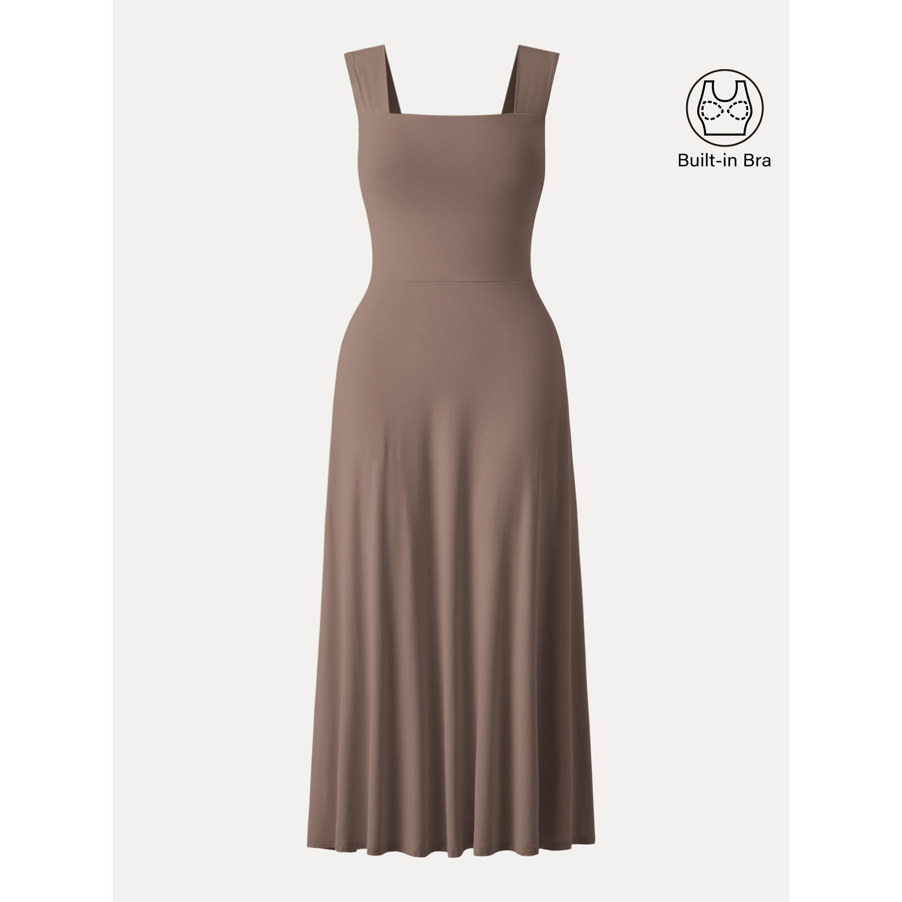 Flowy Square Neck Wide Straps Midi Brami Dress with Pockets