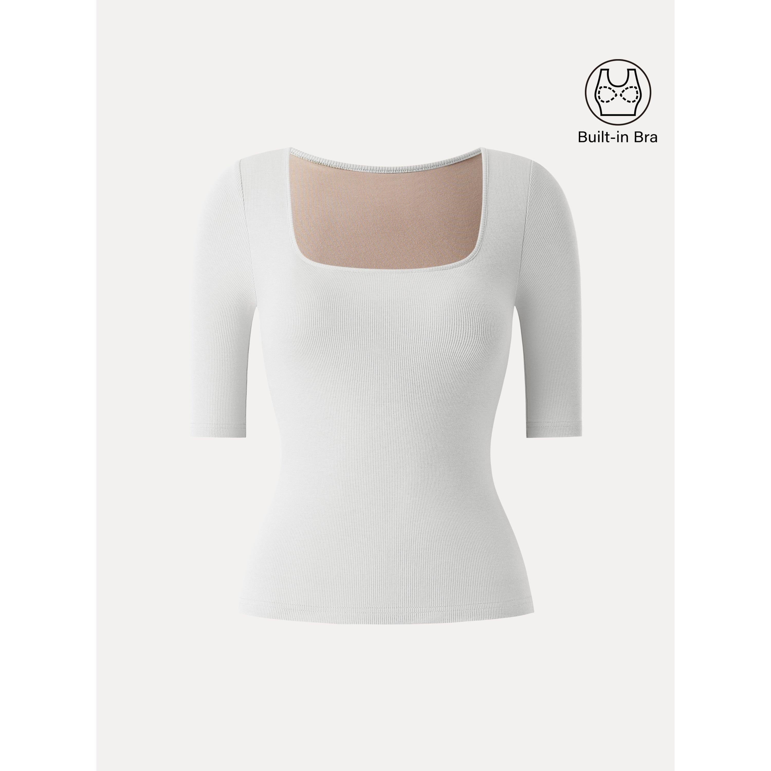 Essential Stretch Cotton Square Neck Elbow Length Sleeve Brami